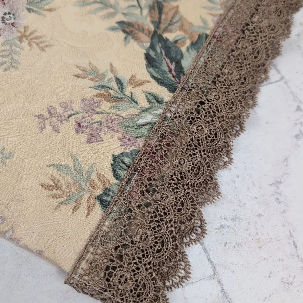Beige Jacquard Floral Table Runner with Gold Lace Trim French Country Cottage